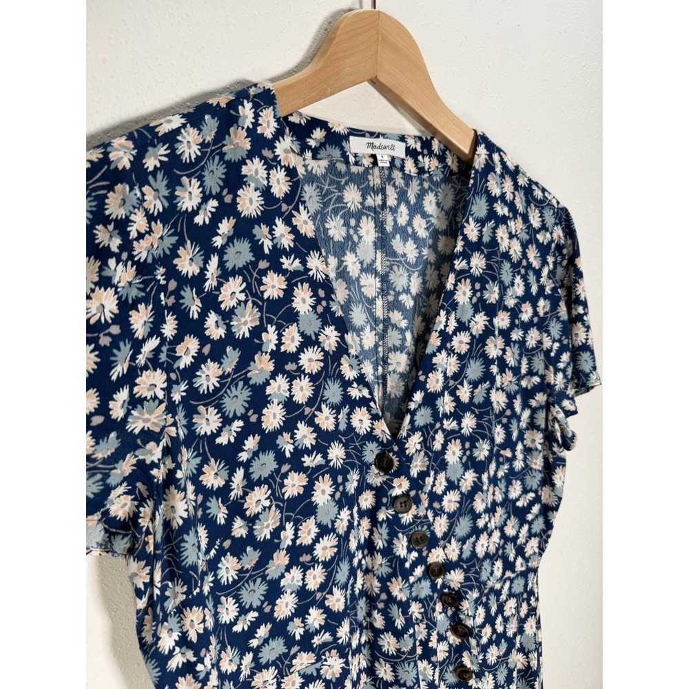 Madewell Mini Dress Womens Sz 8 Blue French Country Floral Button Wrap V-neck - Picture 3 of 9